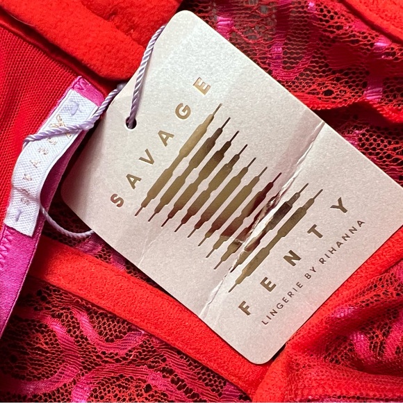 Savage X Fenty Ribbon Writing Lace Teddy Bodysuit Red and Pink Lace - Picture 11 of 13